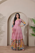 Women Tussar Silk Striking Chevron Pattern Embroidered Gown