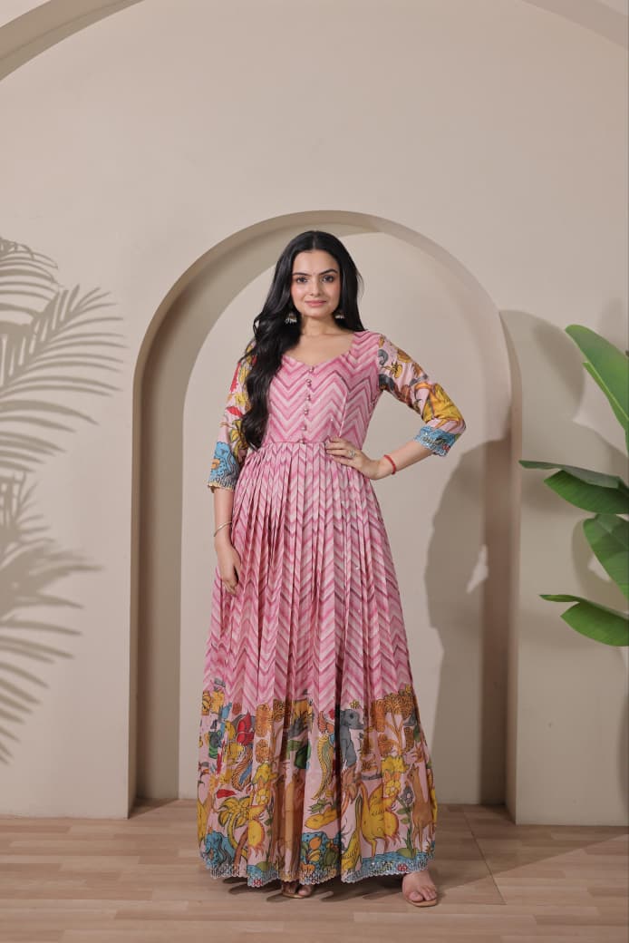 Women Tussar Silk Striking Chevron Pattern Embroidered Gown