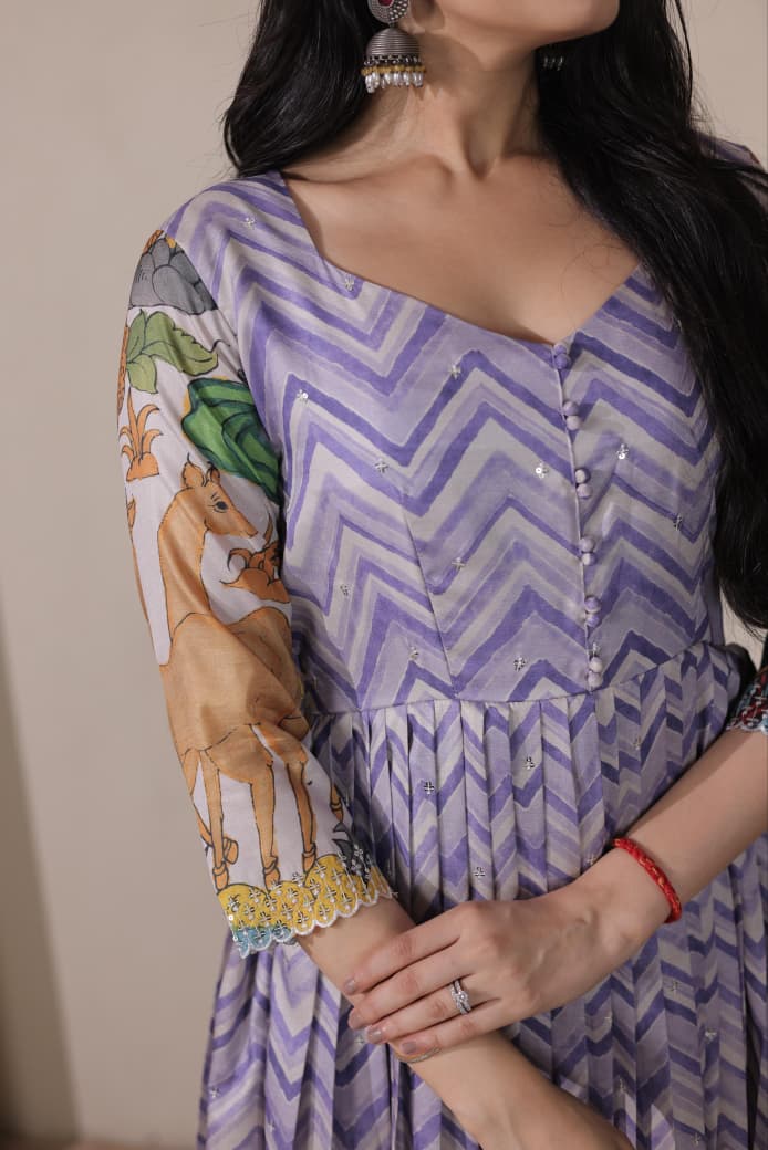 Women Tussar Silk Striking Chevron Pattern Embroidered Gown