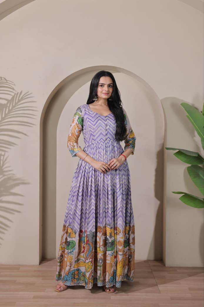 Women Tussar Silk Striking Chevron Pattern Embroidered Gown