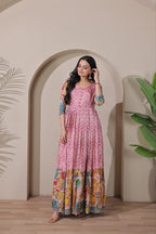 Women Tussar Silk Striking Chevron Pattern Embroidered Gown