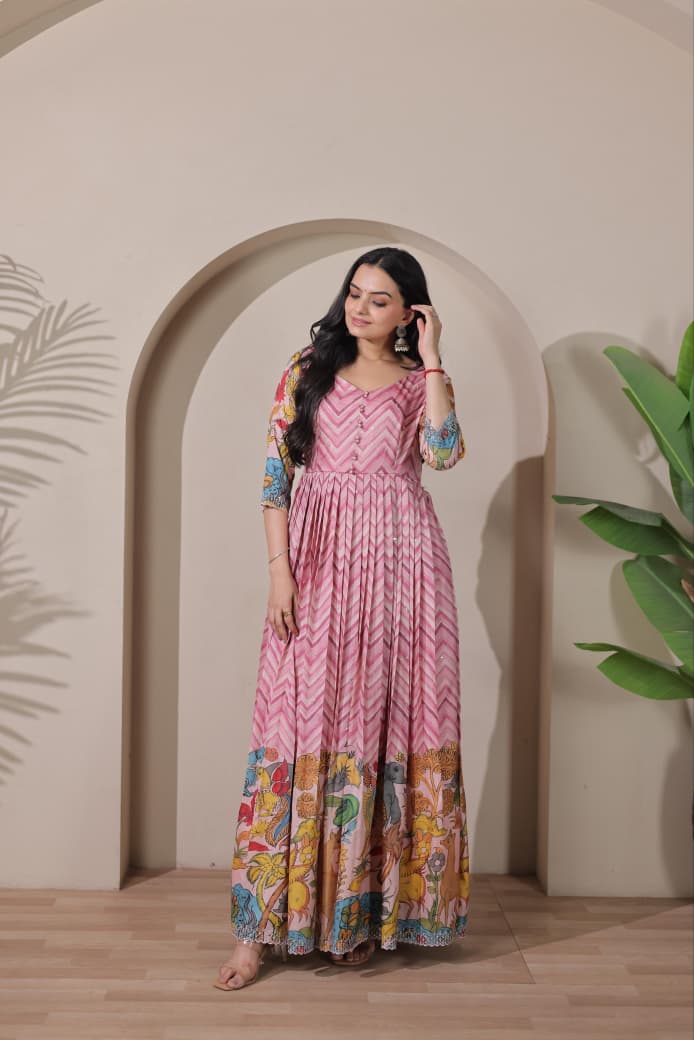 Women Tussar Silk Striking Chevron Pattern Embroidered Gown