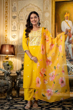 Yellow Embroidered Kurta Set with Floral Organza Dupatta | Women Ethnic Wear