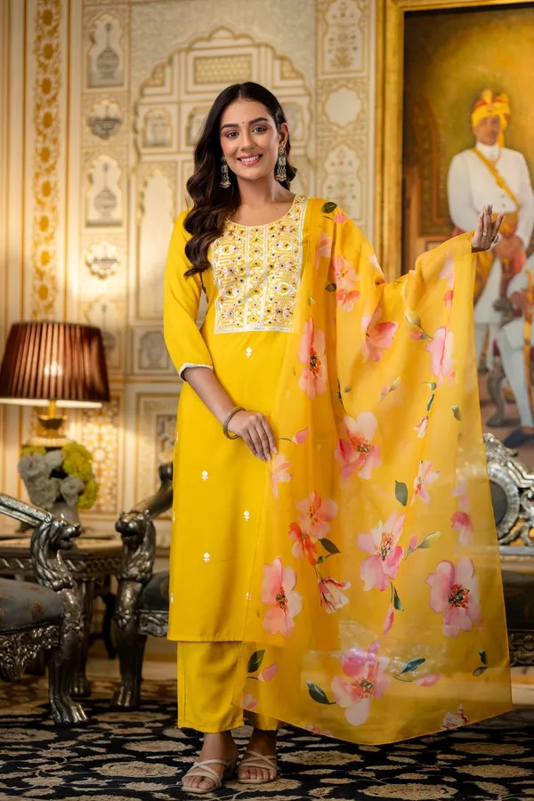 Yellow Embroidered Kurta Set with Floral Organza Dupatta | Women Ethnic Wear