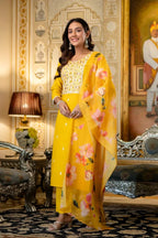 Yellow Embroidered Kurta Set with Floral Organza Dupatta | Women Ethnic Wear