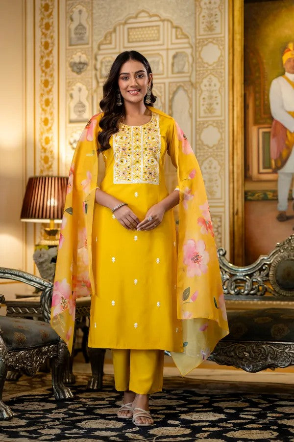 Yellow Embroidered Kurta Set with Floral Organza Dupatta | Women Ethnic Wear