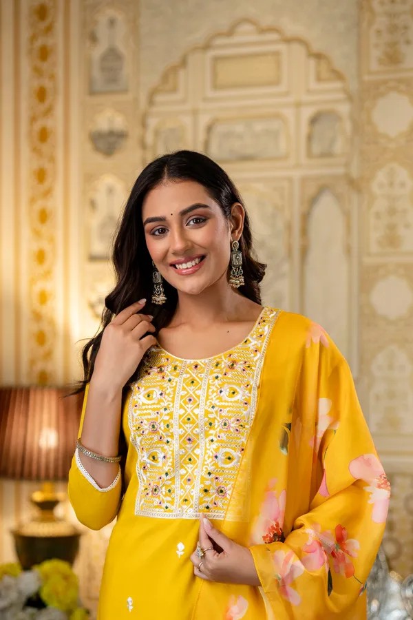 Yellow Embroidered Kurta Set with Floral Organza Dupatta | Women Ethnic Wear