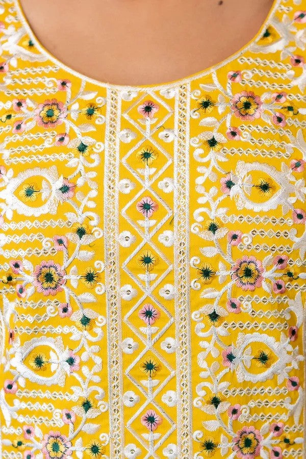 Yellow Embroidered Kurta Set with Floral Organza Dupatta | Women Ethnic Wear