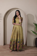 Women Tussar Silk Kalamkari Bandhani Pattern Gown