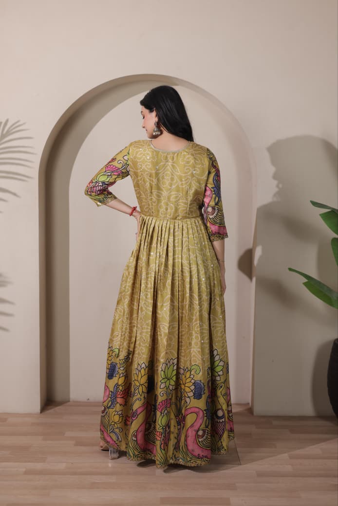Women Tussar Silk Kalamkari Bandhani Pattern Gown